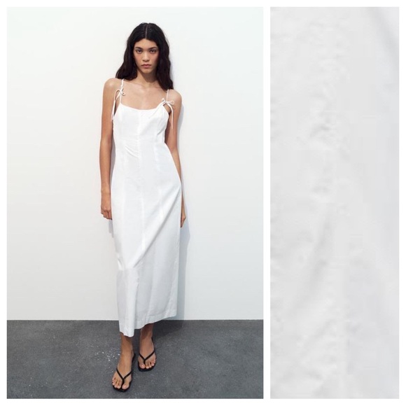 NWT. Zara White Gabardine Bow Midi Dress. Size L. - Picture 1 of 10